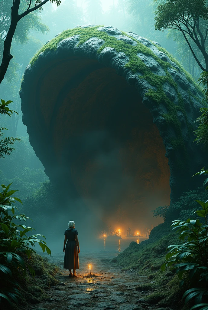 a highly detailed moss green oyster shell, giant open mouth stone cockle, in lush jungle, glowing magical interior, solo old woman walking with shocked expression, hand holding torch, horror scene, 4k, best quality, 8k, highres, masterpiece:1.2, ultra-detailed, realistic, photorealistic:1.37, HDR, UHD, studio lighting, ultra-fine painting, sharp focus, physically-based rendering, extreme detail description, professional, vivid colors, bokeh, dark, moody, cinematic, dramatic lighting. very nightmare. old lady cover head