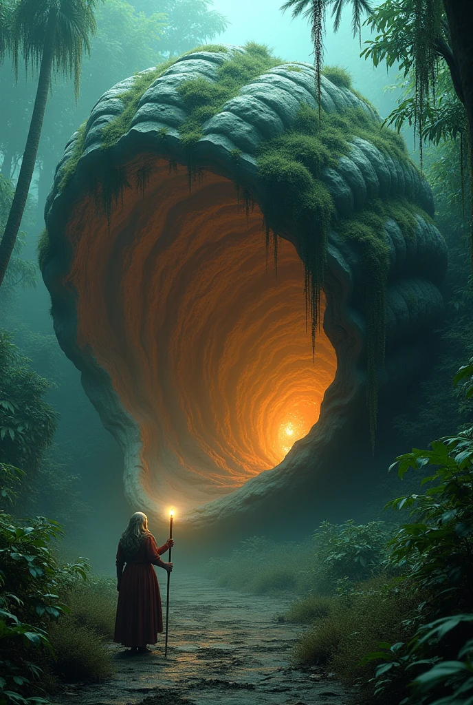 a highly detailed moss green oyster shell, giant open mouth stone cockle, in lush jungle, glowing magical interior, solo old woman walking with shocked expression, hand holding torch, horror scene, 4k, best quality, 8k, highres, masterpiece:1.2, ultra-detailed, realistic, photorealistic:1.37, HDR, UHD, studio lighting, ultra-fine painting, sharp focus, physically-based rendering, extreme detail description, professional, vivid colors, bokeh, dark, moody, cinematic, dramatic lighting. very nightmare. old lady cover head
