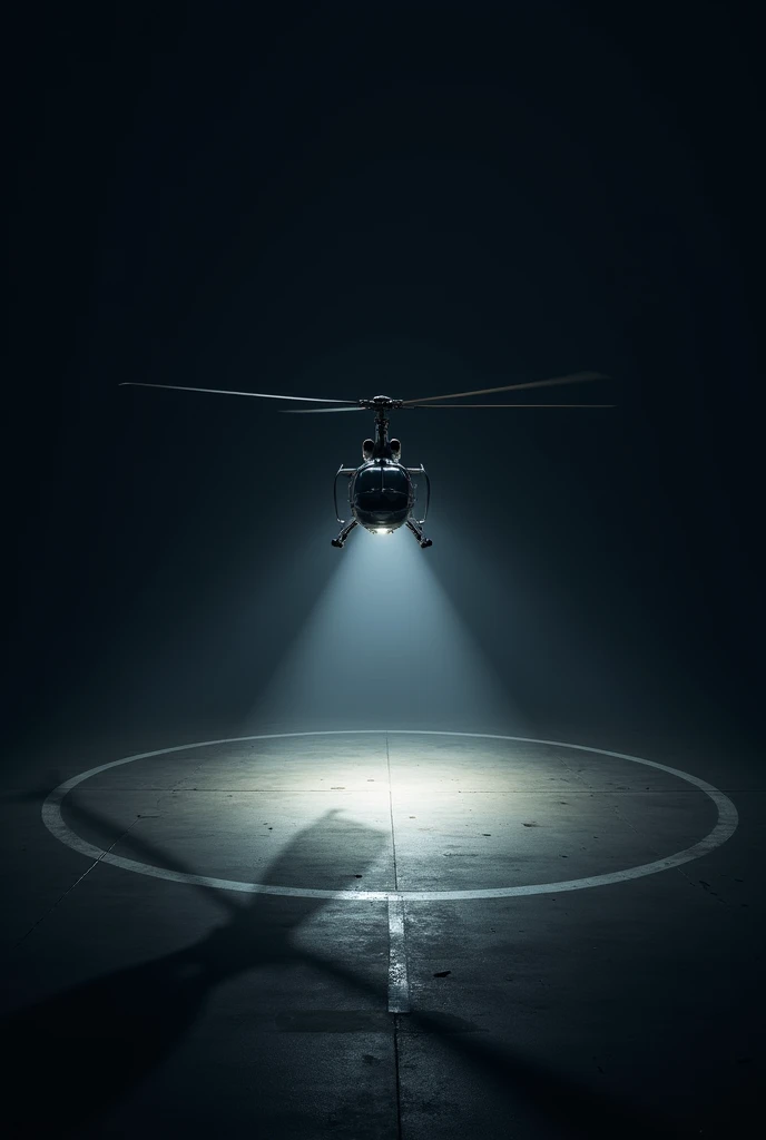 A hellicopter is landing on the helipad and only single light is focused from the hellicopter's bottom side on the helipad at the night and also it must clearly seen from the top