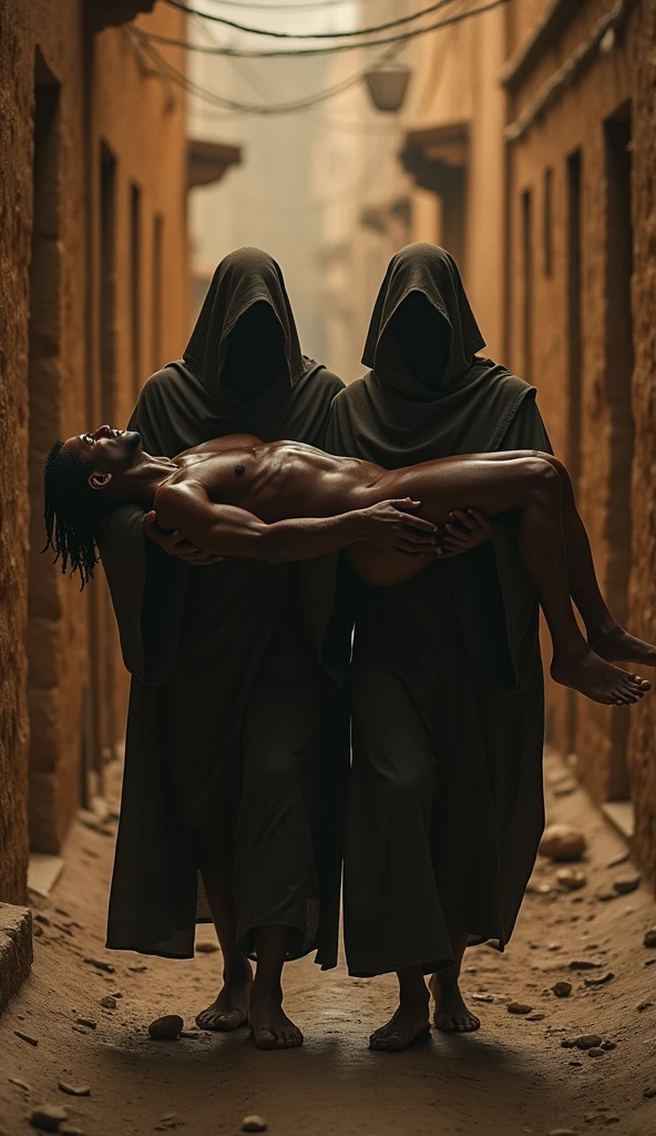 Two mysterious men, dressed in simple robes, solemnly carry the lifeless body of the man through the narrow streets. The scene is somber, with the flickering lights of the homes reflecting off their determined faces. The atmosphere is heavy, filled with the quiet whispers of the night as they make their way to the man's humble home." orang mesir, peradaban mesir, : epic realistic, Soft cinematic portrait, Adobe Lightroom, photographic lab, highy detailed, (light colors: 1,2), (HDR: 1,4) , (subdued colors:1.2), hyperdetailed, (art-station:1.4), cinemactic, warm lights, dramatic light, (details Intricate:1.1), ancient egypt background , best qualityer,Masterpiece artwork.