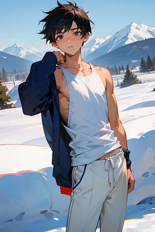 (masterpiece, best quality),1boy,(younge boy,'s face,Juvenile faces),a baby face,Delicate big eyes,Keep your eyes open,Smooth and delicate skin,(Lews),infancy,sideface,Naked lflat in the snow,Blue-violet aurora,Lewd express,infancy,Young age,Huge blue-white ice cubes,Short round face,Flat chin,Fine face in detail,Colored briefs,musculous,pink short hair,Sky blue eyes,opens his eyes wide,复杂,full bodyesbian,nakeness,Lewdness,Teal br,Pectoralis abdominal muscles,Blue-violet aurora,the night,Blue-violet aurora,vivd colour,(depth of fields:1.2),(abs),looking at viewert,Lie flat on the snow,Arms drooping,Falling snowflakes,There are a lot of diamond-shaped ice cubes on the ground,cold temperature