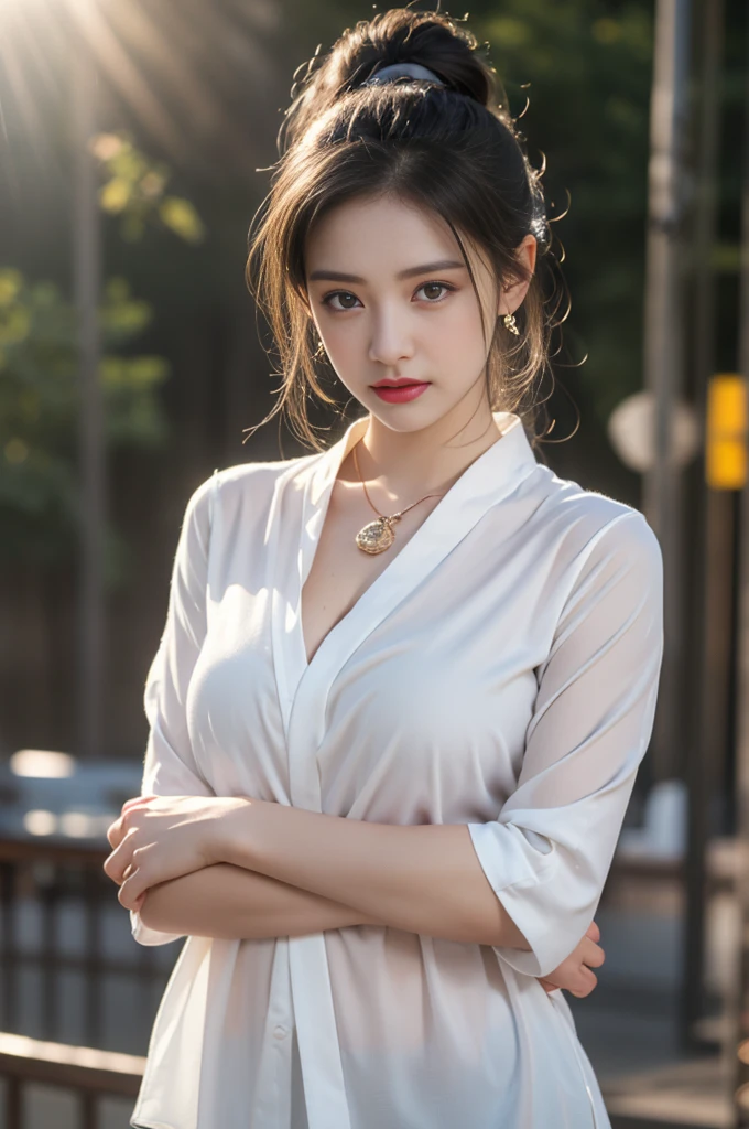 1 beautiful girl in Hanfu, ((very thin and soft white silk shirt)), platinum purple long ponytail, Jewelry, ear jewelry, necklace and necklace, carefully painted purple big eyes, carefully made up, thin eyebrows, high nose, beautiful red lips, no smile, pursed lips, rosy cheeks, wide chest, big breasts, well-proportioned breasts, slim waist, well-proportioned buttocks, black fishnet stockings, Chinese Hanfu style, fictional art pattern, full of bright and realistic colors, RAW photo, realistic photo, 8k ultra-high quality surreal photo, (magic light effect effect: 1.8), 10x pixels, magic effect (Background): 1.8), super detailed eyes, full body portrait of the girl, standing in the rain, wet clothes hugging the body, revealing beautiful curves, dynamic posture, 1 Girl, Beautiful, Baby Face, 20 Years Old, White Skin, Pose, Big Breast, (The Front of The Blouse is Open:1.3), Grey Eye, Muscles:1.3, Outdoor, Bokeh:1.1, Drill Hair, Tied Hair, ((Coloured Hair)), Open Mouth