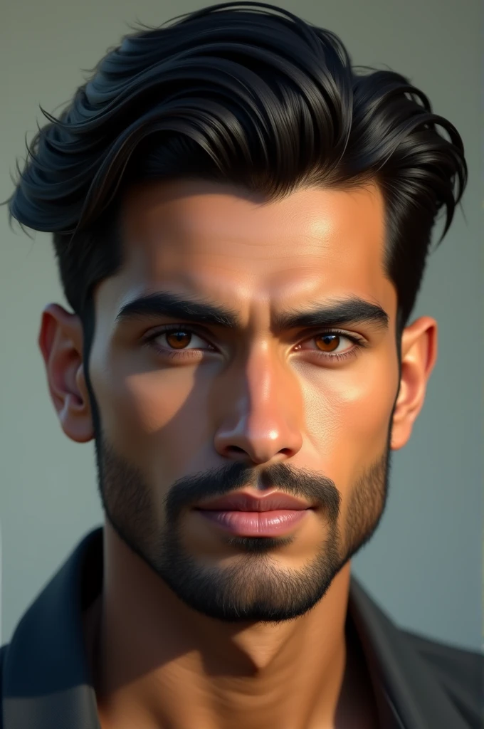 Create a pic of a pakistani guy with good jawline medium hair length with black hair and good light stubbed beard big good eyes sharp nose dimples with light brown skin color