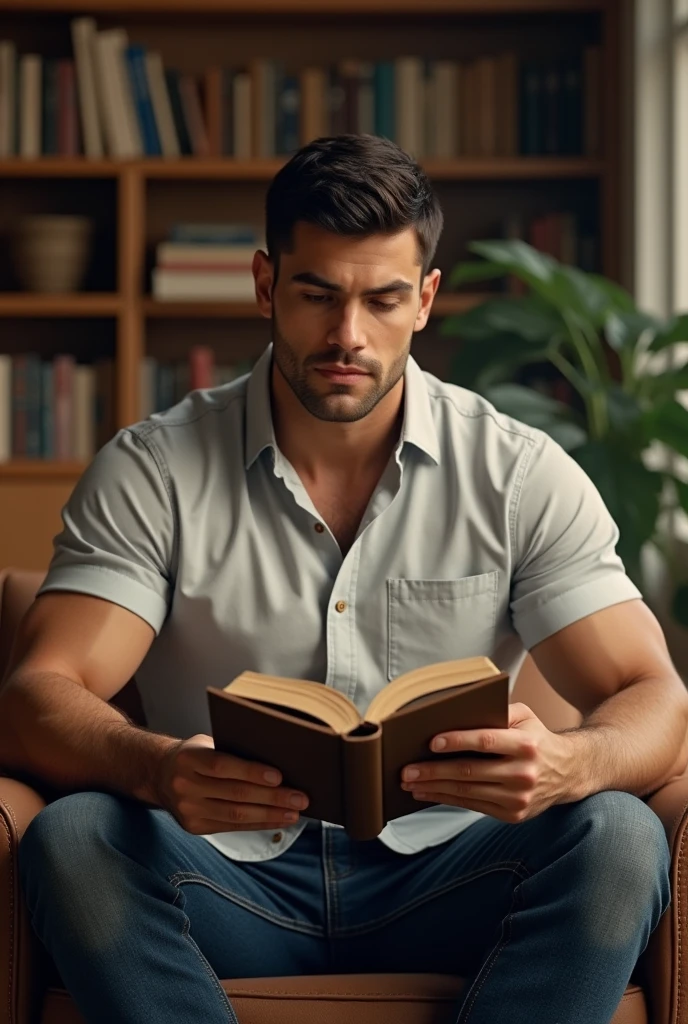 Adult man tall athletic build sits reading a book, hairstyle short shirt jeans brown eyes