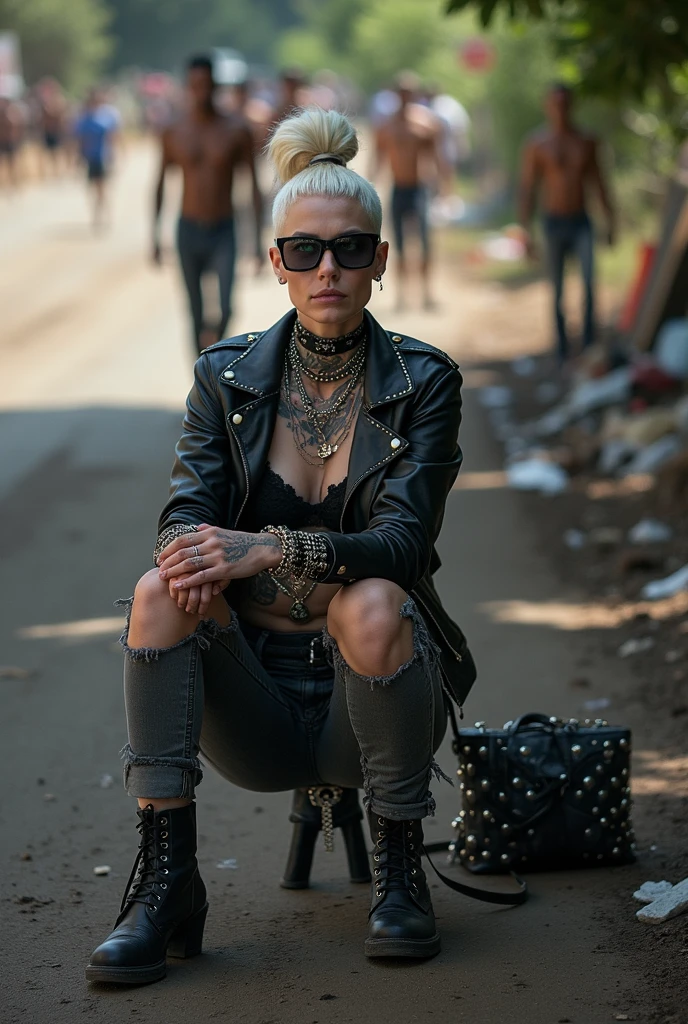 Anglosaxon old milf woman, , blonde platinum hair (pouf, shaved sides and top bun), with very light green eyes, extremely pale.  .Wearing oversized square black maxisunglasses as headband. Wearing studded cropped black moto jacket (verical zippers on the sides,skull badges on sleeves). Black lace push up bra, skinny dark grey jeans with worn and dirty knees. White tennis sneakers, dirty. Lots of thick wide studded  bracelets, chain collars and pendants and big rings. Tacky wide studded leather belt, with big round skull and bones buckle. Long earrings with chains. Squatting,  looking at the photographer. Craving heavily. Hands on knees. Waste and trash all over the floor. Her studded leather bag, thron away. Looking at the camera, chin up. Toned abdominals, thin neck, slim legs and thin arms. Neck, chest and belly completely tattoed. Dirt road of Nairobi after the rain,  puddles on the ground,crowded with muscular shirtless men in jeans, street full of puddles and garbage. Her studded black leather bag is a few metres behind her. Sunny day