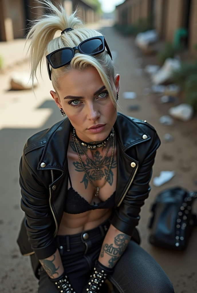 Anglosaxon old milf woman, , blonde platinum hair (pouf, shaved sides and top bun), with very light green eyes, extremely pale. .Wearing oversized square black maxisunglasses as headband. Wearing studded cropped black moto jacket (verical zippers on the sides,skull badges on sleeves). Black lace push up bra, skinny dark grey jeans with worn and dirty knees. White tennis sneakers, dirty. Lots of thick wide studded bracelets, chain collars and pendants and big rings. Tacky wide studded leather belt, with big round skull and bones buckle. Long earrings with chains. Squatting, looking at the photographer. Craving heavily. Hands on knees. Waste and trash all over the floor. Her studded leather bag, thron away. Looking at the camera, chin up. Toned abdominals, thin neck, slim legs and thin arms. Neck, chest and belly completely tattoed. Dirt road of Nairobi after the rain, puddles on the ground,crowded with muscular shirtless men in jeans, street full of puddles and garbage. Her studded black leather bag is a few metres behind her. Sunny day