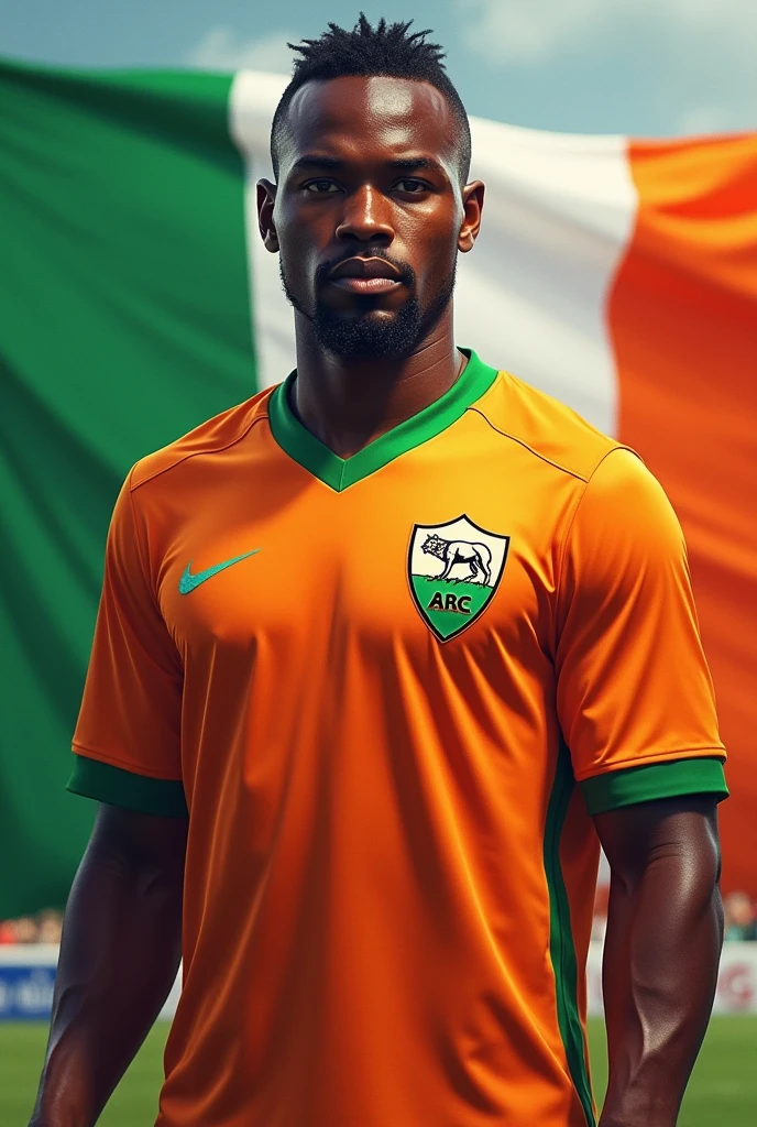 I want you to generate Evan Ndicka, le joueur de l'AS Roma. I want him dressed in an orange-white and green Ivory Coast jersey. On his left side of his chest , il doit y avoir trois étoiles sur le maillot. Le drapeau de la côte d'ivoire doit être derrière lui mais flottant dans les airs, the flag is orange-white and green. 