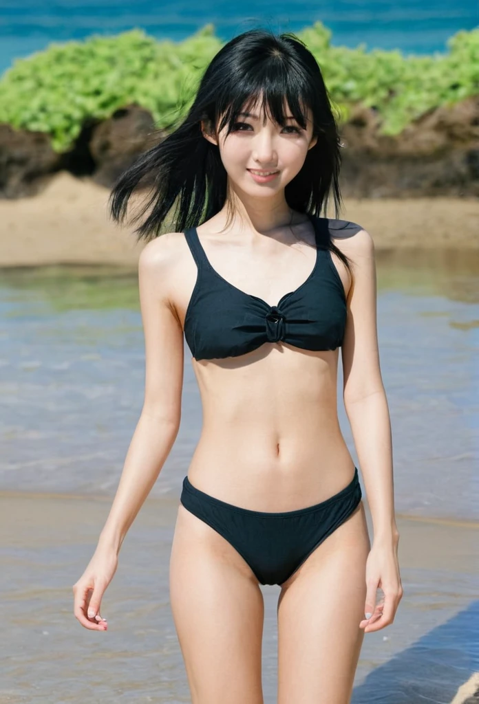 Bikini black hair skinny japanese girl at the beach