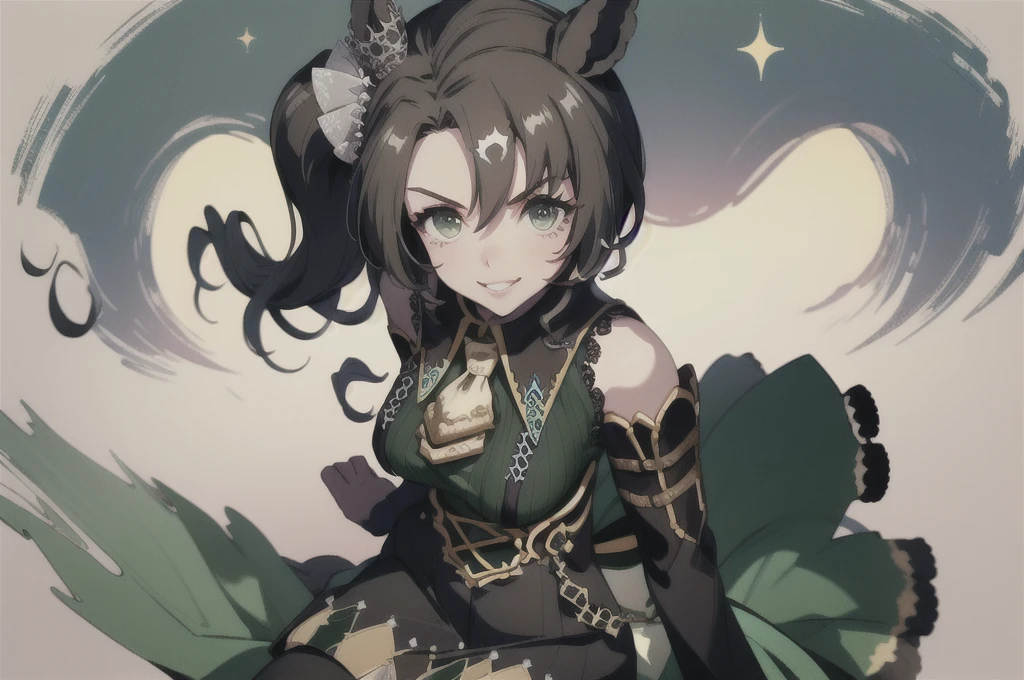 masterpiece、Highest quality、８K、2D Anime、A horse-eared beauty、Touching head with both hands、Looking up、teeth、Dark lipstick、she is a mature woman、A hair ornament on the right side of her head、smile、Some of the bangs are white.、Brown Hair、Long Hair、Half Up、Dark brown eyes、Strapless and shoulderless dark green kimono、Dark green sleeves、skirt、pantyhose、Beautiful breasts、Starry Sky、Strong winds、Chest centered、From the knee up