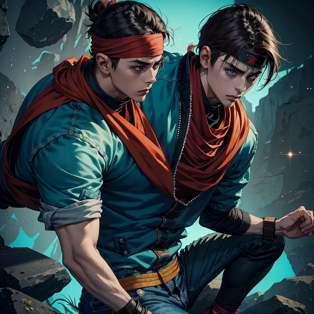 A young ninja with a konoha bandana around his neck, wearing a jeans jacket and dark red pants. He has short brown hair and brown eyes. Use top trending references from DeviantArt and ArtStation for comics, anime, and ninja animations. The background is dark with rock shadows and turquoise backlighting.