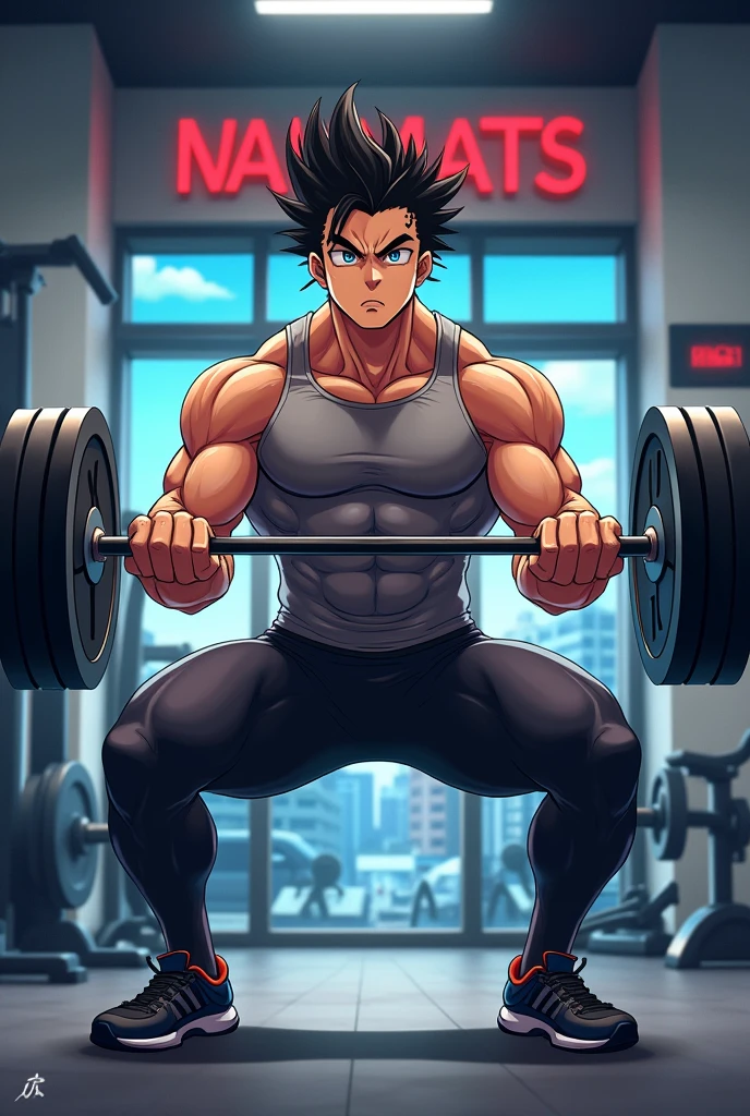 anime male doing squats with barbell rod in gym with heavy plates
