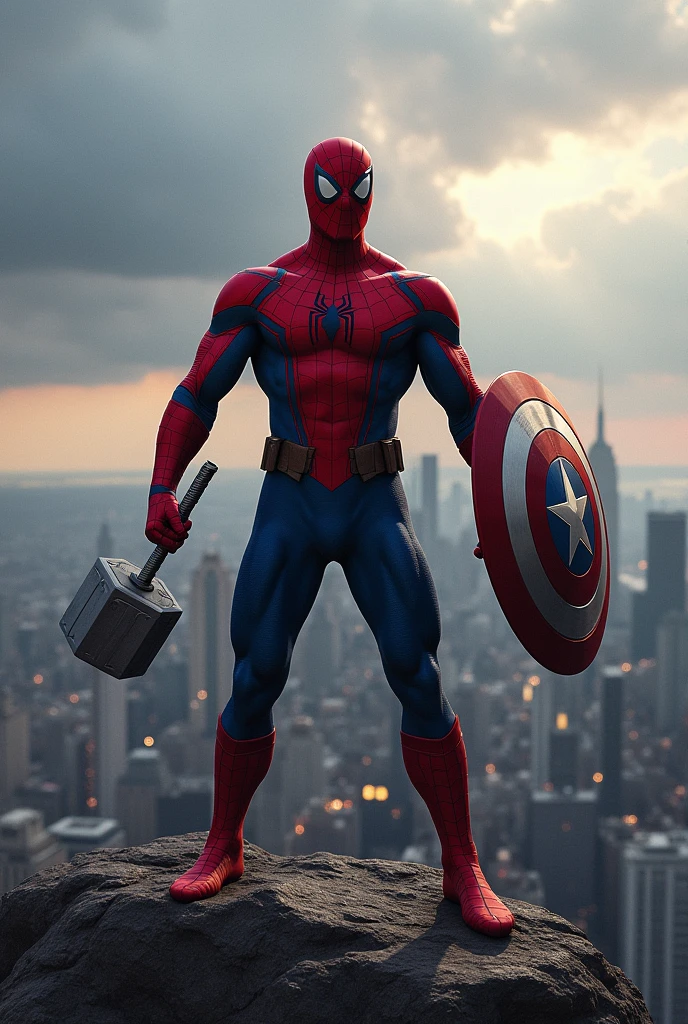 Spiderman holding captain America shield and thor hammer