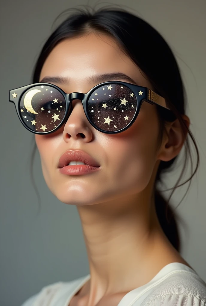 The model is wearing glass sunglasses with stars and the moon on the glass