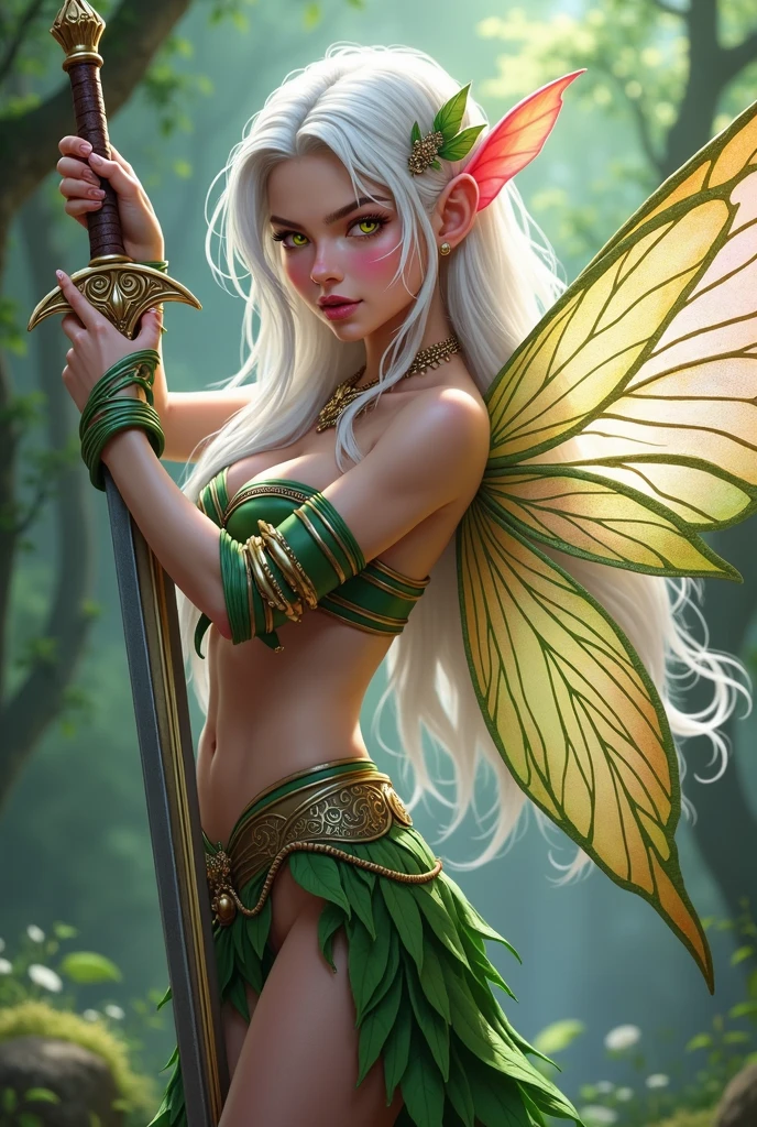 Create a pink skinned fairy character, white hair, wearing leaf armor, holding a long sword and having yellow eyes.