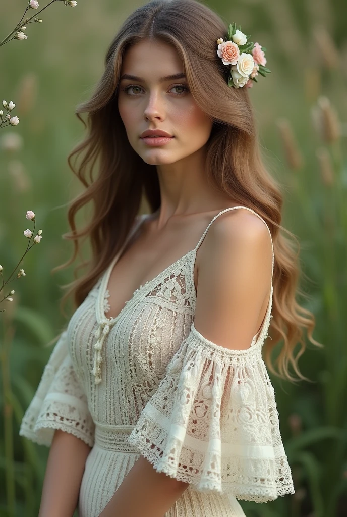 European woman model wearing delicate crochet blouse with flowers sewn on 