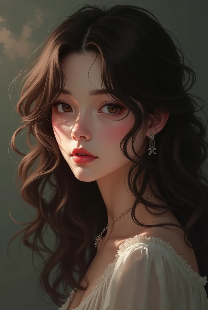 Create a profile picture of a brown curly haired woman, Caucasian skin, eyes browns, gloomy coquette anime