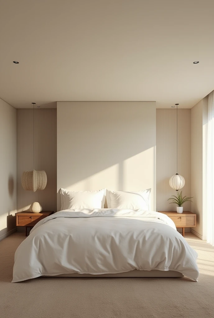 A bed in the bedroom (angle shot from floor to ceiling), simple flat ceiling