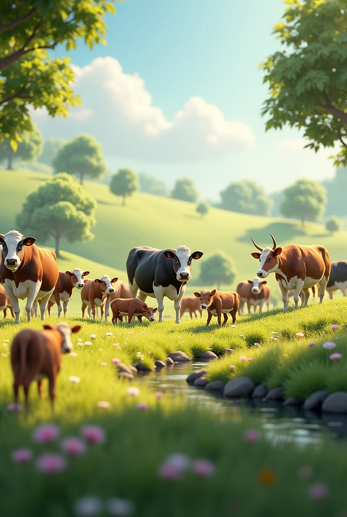 In 3D animation generate"Cows and playful calves roaming around, adding to the pastoral charm of the scene."