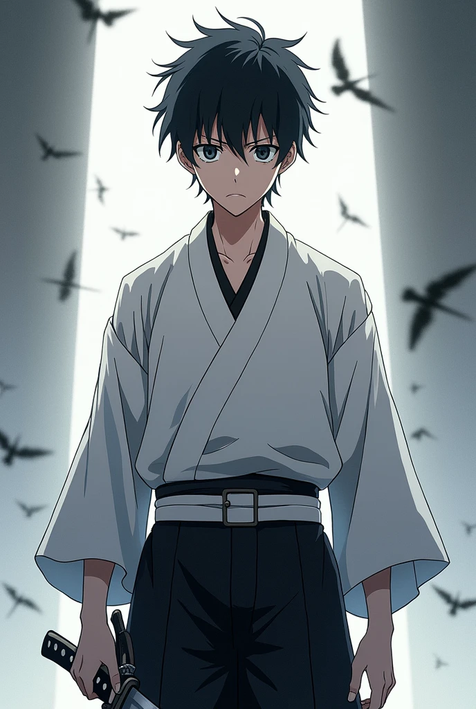Yuta okkotsu, (jujutsu kaisen), (Black hair), (hair cut), black eyes, (dark circles under the eyes), serious expression, white jujutsu uniform, (black pants), (white belt waist), (holding katana), (masterpiece), (anime screencap)