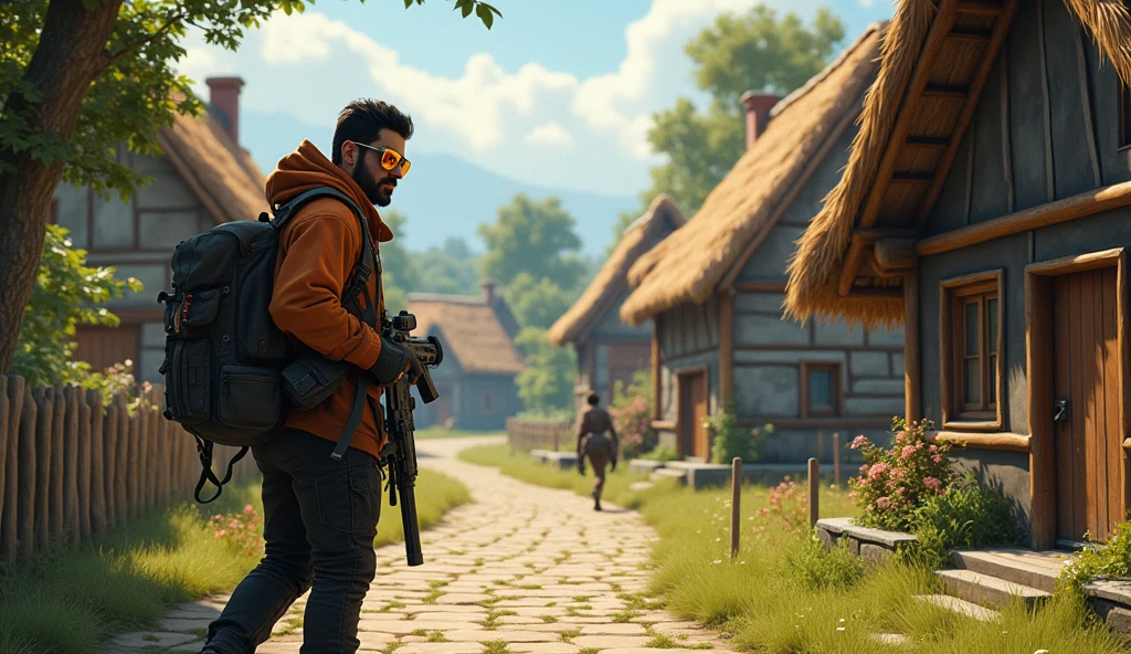 Scene 3: Location: Pochinok Village
Alok Free Fire sneaks through the village, his sunglasses glinting in the sunlight. He sets up an ambush, using his music to lure enemies into a trap.