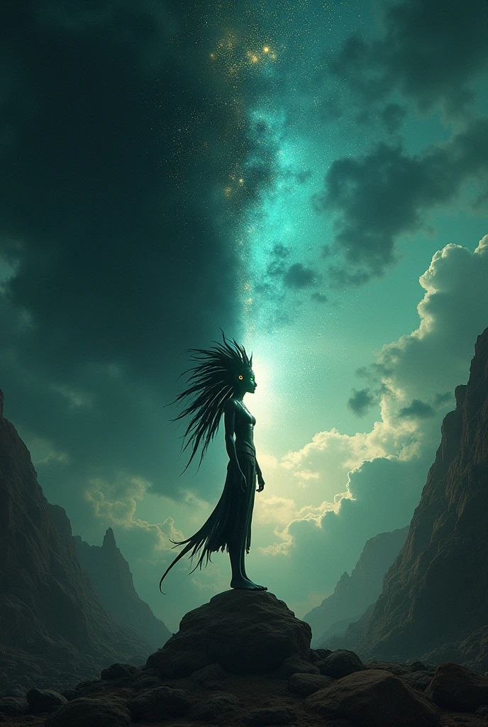 Design a scene showcasing the separation of the sky and earth with black silhouettes of Shu, who has dark brown skin, green eyes, and a feathered headdress. The background should show a cosmic divide with dark, contrasting skies and earth elements. Use an Egyptian aesthetic with subtle, detailed gradients and atmospheric effects to highlight the separation. Use masterpiece, best quality, CG, wallpaper, HDR, high quality, ultra detailed, cinematic, high detail, 8k, raw, high, artstation HQ, unreal engine, octane renderer, 4k resolution, hyperrealistic, and highly detailed settings