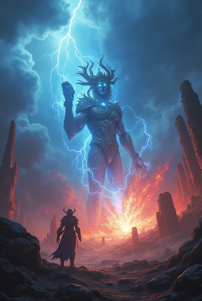 An epic battle scene in a vast mythical landscape, featuring towering gods and demigods clashing with fierce energy blasts, amidst swirling storm clouds and lightning. The battlefield is strewn with colossal weapons, ancient ruins, and magical energy emanating from the ground. The colors are vibrant with glowing blue and red hues, creating a sense of cosmic intensity and divine conflict. The atmosphere is charged, with dramatic lighting casting deep shadows and bright highlights.