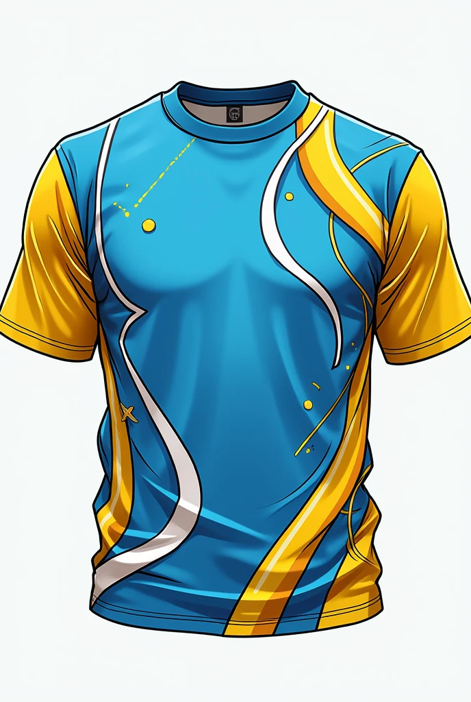 A basic shirt, manga curta, with the colors yellow, blue and white, predominating the color blue, making details with yellow and blue in sinuous and dynamic lines