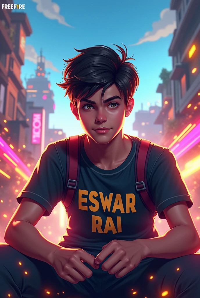 Create free fire back ground image by using a boy gamer with t shirt of name eswar rai with free fire