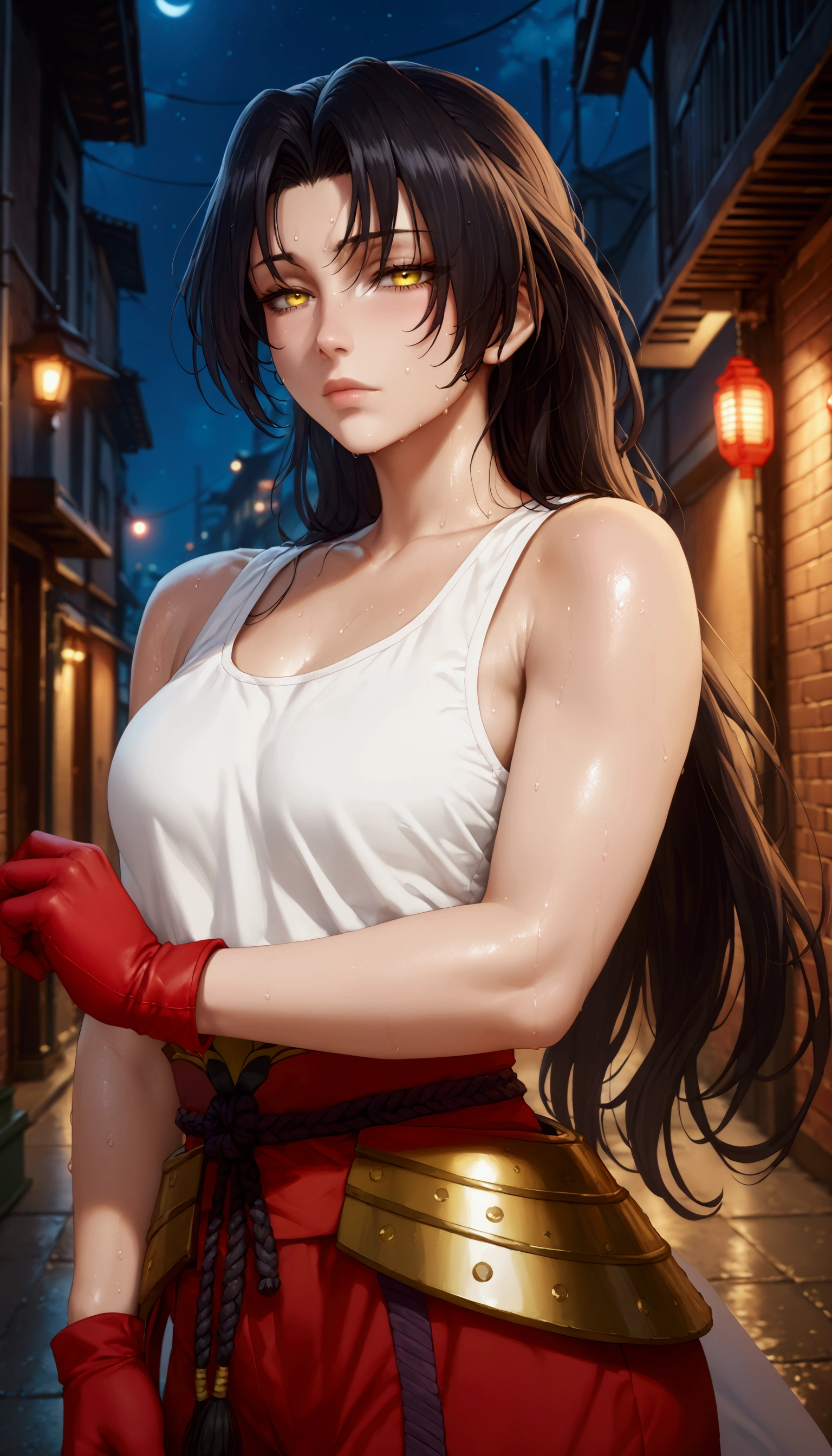 score_9, score_8_up, score_7_up, uncensored, score_9, score_8_up, score_7_up, score_6_up, uncensored, dominique de sade, long hair, black hair, parted bangs, yellow eyes, BREAK detailed eyes, beautiful eyes, assertive female, (perfect face), (perfect hands, perfect anatomy), detailed skin texture, (blush:0.5), (goosebumps:0.5), excessive sweating, sweating profusely, sweating drop BREAK, white tank top, red (samurai armor), red gloves, pants, (getting undressed), night city, neon lights, dim lighting, dark alley, looking at viewer, half-closed eyes, 