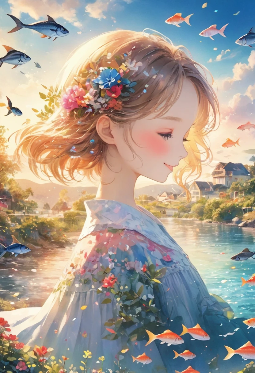 In the beautiful sea、Air bubbles、bubble、A smiling woman wading through a colorful and beautiful ocean landscape（Detailed face）, A lot of fish in pop colors are swimming.、Sparkling shells scattered around