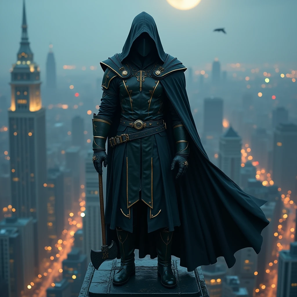 image haute qualité 16K, photo realistic, seen from very high up, almost like a plane flight. of 3/4 a mysterious hero, A tall man, fort, muscular 1,80m. dress in black, fine gold edging on his tunic, thick fabric, like a Jedi outfit. he wears a matte black and dark green breastplate, a very long black thick leather coat open flying in the wind, une large capuche qui laisse son visage dans le sombre, even see who prevents us from seeing the features of his face, des bottes noir de style Rangers, wears a leather belt with a gold buckle, with its defensive equipment, club,  hache. il est positionner debout sur le toit d'un gratte ciel, the mysterious man is illuminated by a soft light, of a mixture of blue, of moon white, with the city lit up in motion and noisy, giving a contrast between the calm hero, serene, determiner