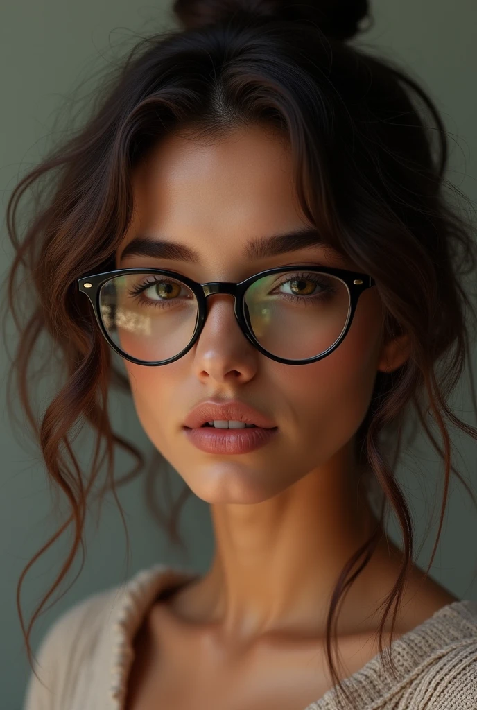 A girl with big straight nose, v shaped jaw, small forehead, plump lips without cupid bow, small sized eyes, wavy curly hairs, medium tan skin tone, thin eyebrows with thin frame of cat eye glasses