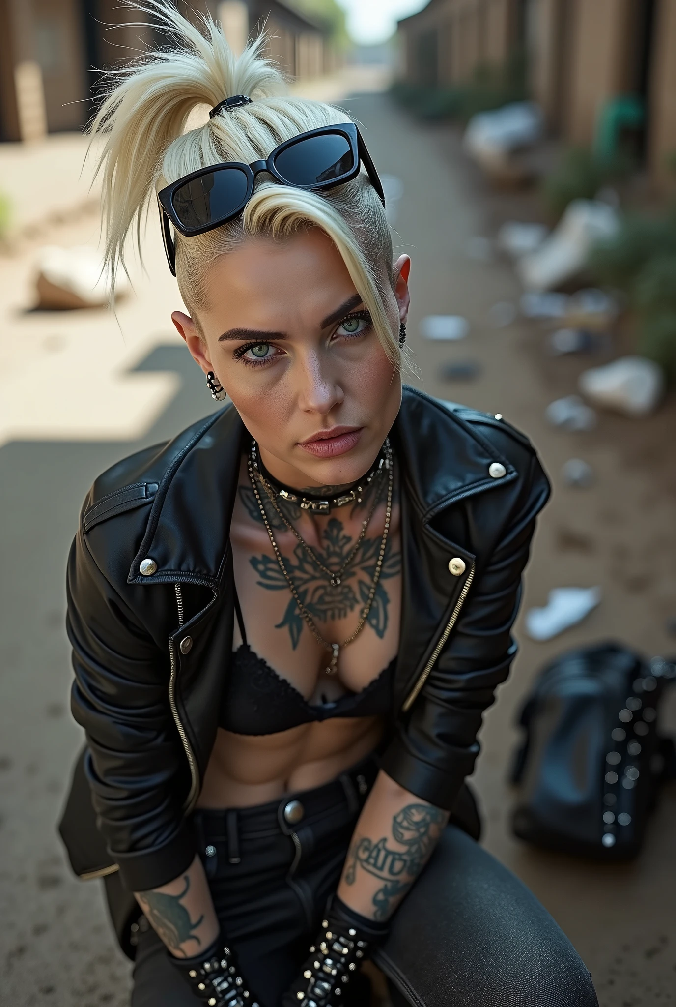 Anglosaxon old milf woman, , blonde platinum hair (pouf, shaved sides and top bun), with very light green eyes, extremely pale. .Wearing oversized square black maxisunglasses as headband. Wearing studded cropped black moto jacket (verical zippers on the sides,skull badges on sleeves). Black lace push up bra, skinny dark grey jeans with worn and dirty knees. White tennis sneakers, dirty. Lots of thick wide studded bracelets, chain collars and pendants and big rings. Tacky wide studded leather belt, with big round skull and bones buckle. Long earrings with chains. Squatting, looking at the photographer. Craving heavily. Hands on knees. Waste and trash all over the floor. Her studded leather bag, thron away. Looking at the camera, chin up. Toned abdominals, thin neck, slim legs and thin arms. Neck, chest and belly completely tattoed. Dirt road of Nairobi after the rain, puddles on the ground,crowded with muscular shirtless men in jeans, street full of puddles and garbage. Her studded black leather bag is a few metres behind her. Sunny day