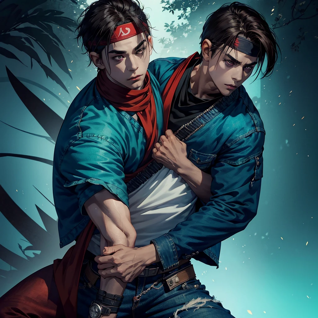 A young ninja with a konoha bandana around his neck, wearing a jeans jacket and dark red pants. He has short brown hair and brown eyes. Use top trending references from DeviantArt and ArtStation for comics, anime, and ninja animations. The background is dark with rock shadows and turquoise backlighting.