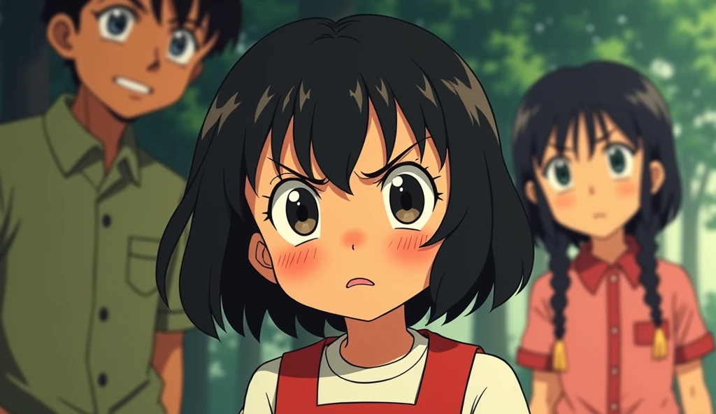 a curious girl with her parents, angry facial expression, studio ghibli art style, studio ghibli art style