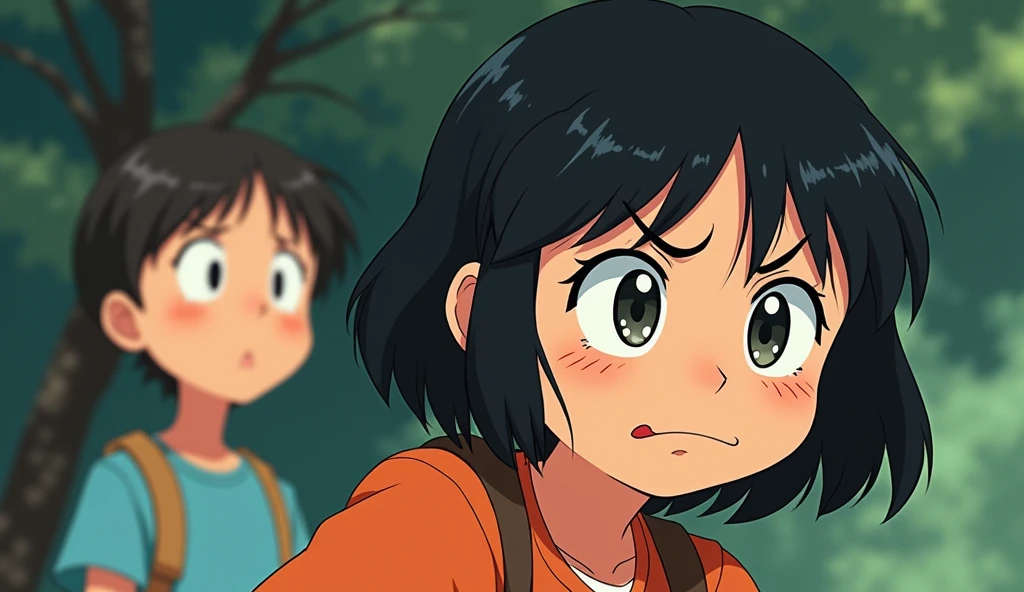 a curious girl with her parents, angry facial expression, studio ghibli art style, studio ghibli art style