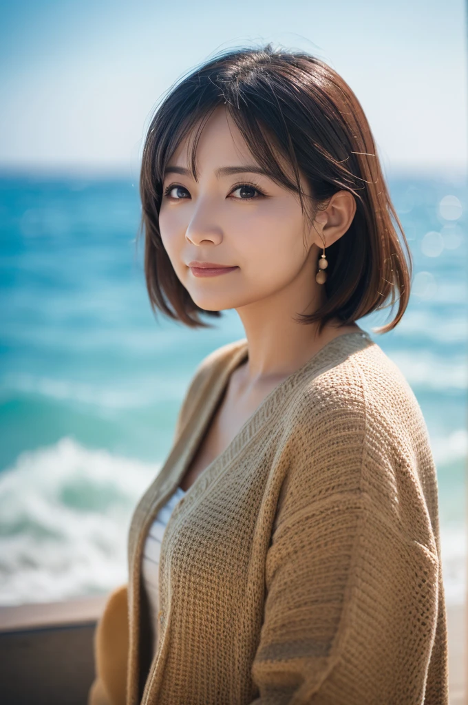 One person, Mature Woman, Best, photograph, Realistic, Highest quality, employment, Detailed face, Detailed Background, Ocean、Diffused sunlight, Depth of written boundary, Bokeh