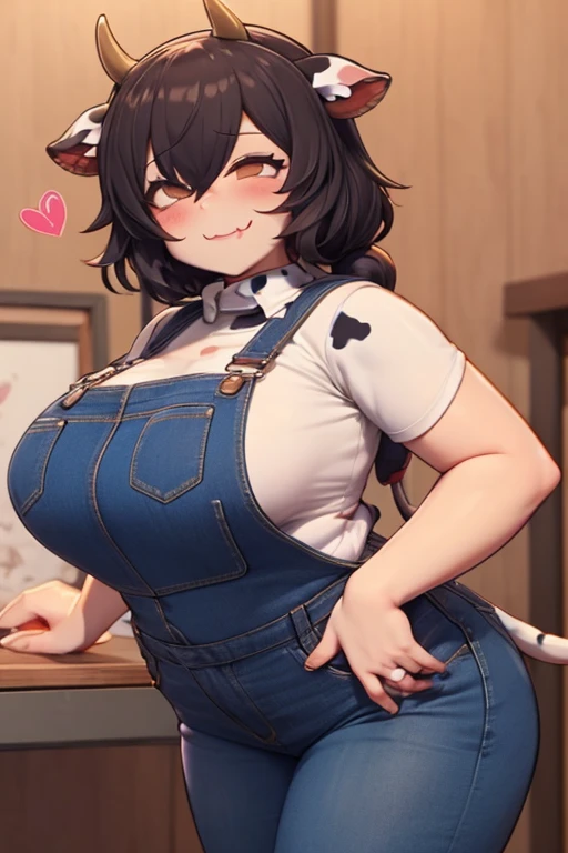 Plump, big breasts, black hair, brown eyes, chubby, smile, (cow girl Kemonomimi: 1.5), blue jeans overalls, longer hair, anime, plump round belly, ahegao face, mouth open, hearts for eyes