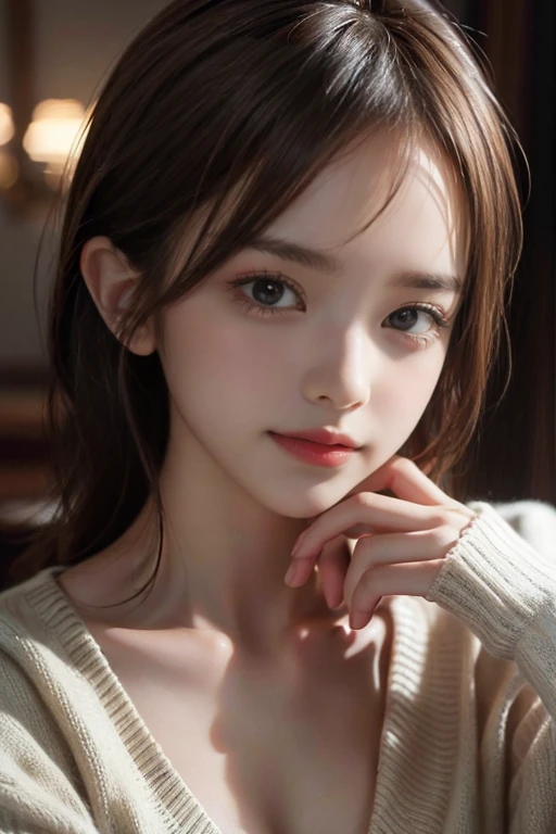 (1 slim 25yo Emma Watson,large breasts,feminine,symmetry eyes),BREAK,(Want me to kiss,fun,happiness,She likes me),(smile, pretty sweater) ,8k,Realistic photo style,Photorealism, Realistic, surreal,Best image quality, High resolution, Highest quality,cinematic, Intricate details,Ultra-fine detail, True light and shadow,Shots from the film, Professional Color Grading,Sharp focus, Film Grain,High Dynamic Range, charm, The most detailed skin texture