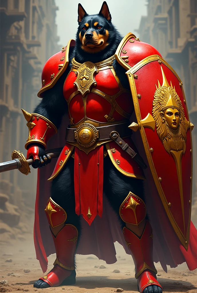 It's a Rottweiler with red plate armor with yellow details, he is holding a scimitar and a shield with the image of serenrae