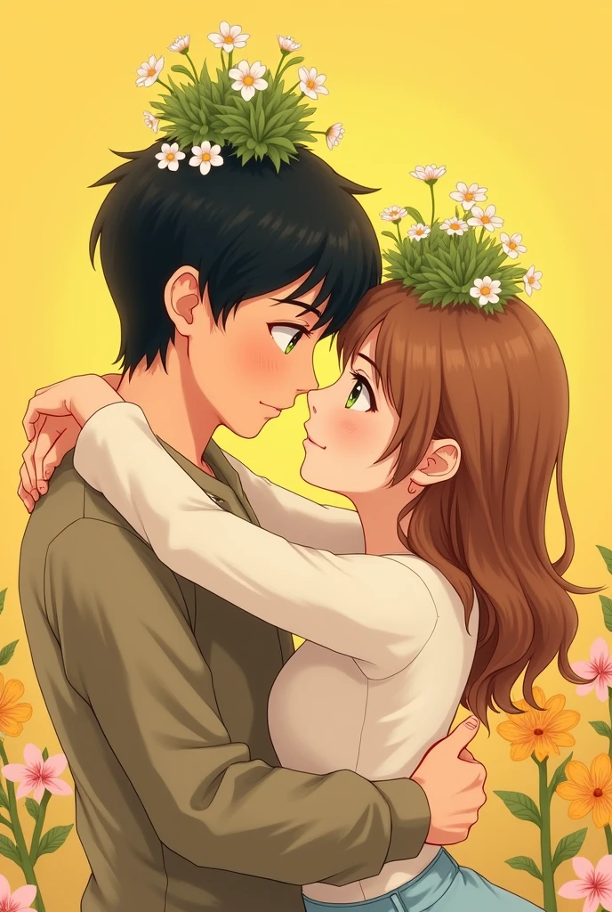 A couple of a dark-haired boy and a white girl with light brown hair and green eyes, 2D drawing, hugging each other with two plants on their heads, a yellow background with flowers a hug from the front 

