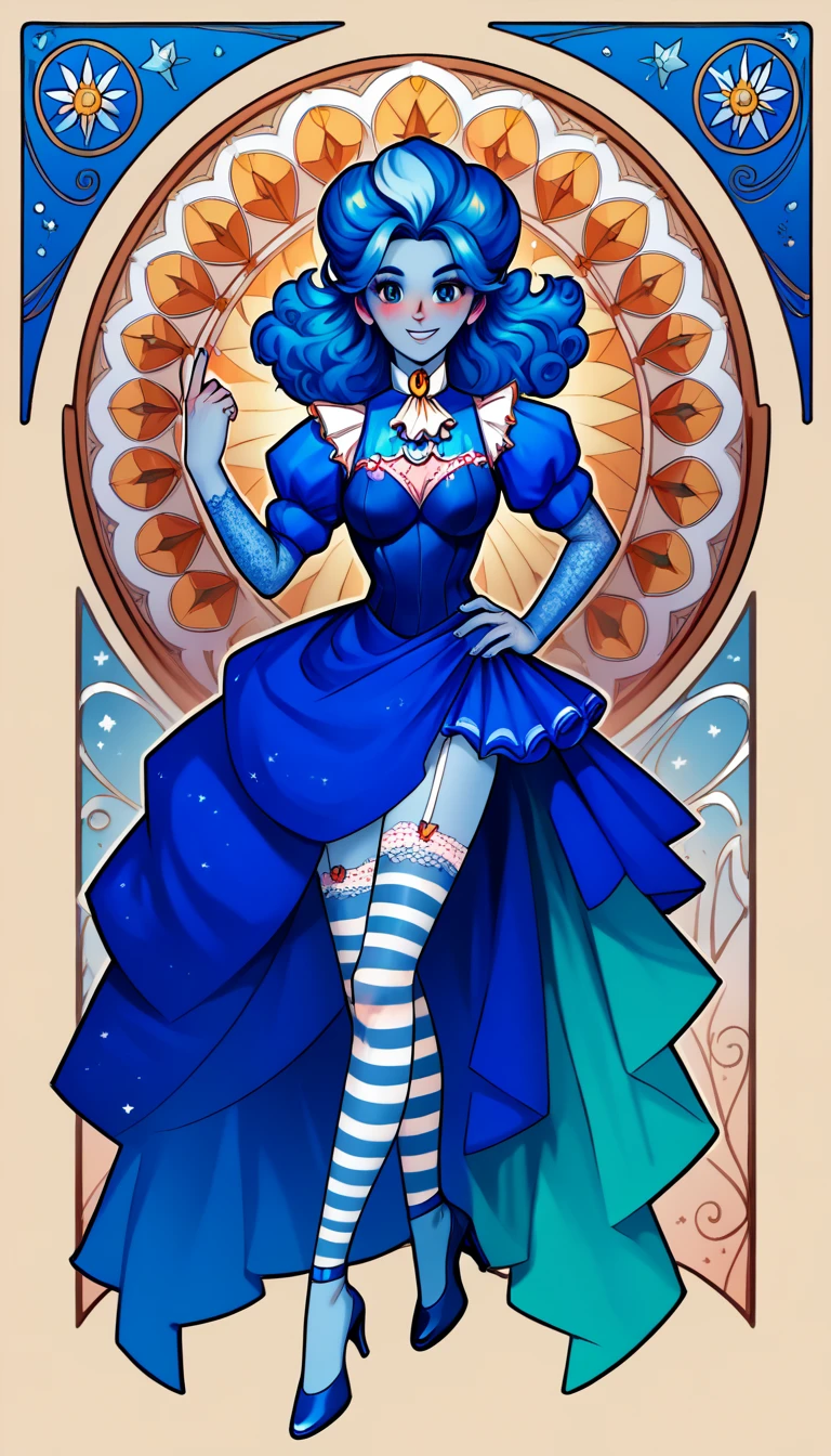 masterpiece, art nouveau, frankelda, 1girl, solo, burlesque dress, striped, blue hair, high heels, colored skin, floating, nauthy smile, blushing, one hand on hip, othe hand up, trim lace stockings