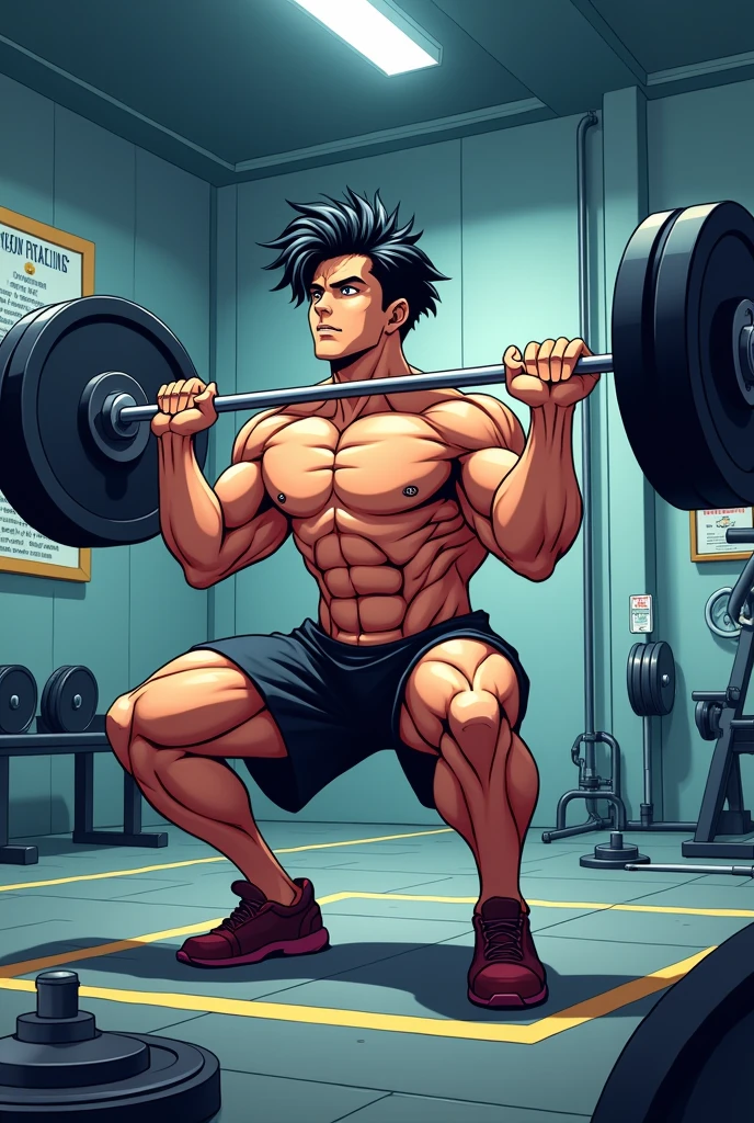 anime male doing squats with barbell rod on its shoulder in gym with heavy
 plates
