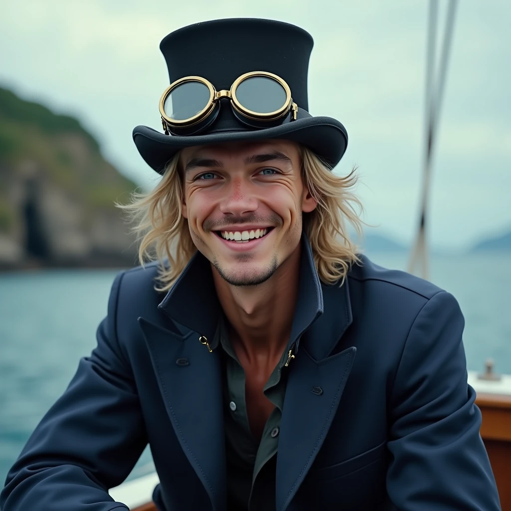 White male、(((2)))、Beautiful young man、smile、Blonde Hair、semi-long、Unshaven、Are thin、Old burn scar around left eye、Top hat and goggles、Navy outfit、Jacket、On the boat、Real、Realistic、live-action、high resolution