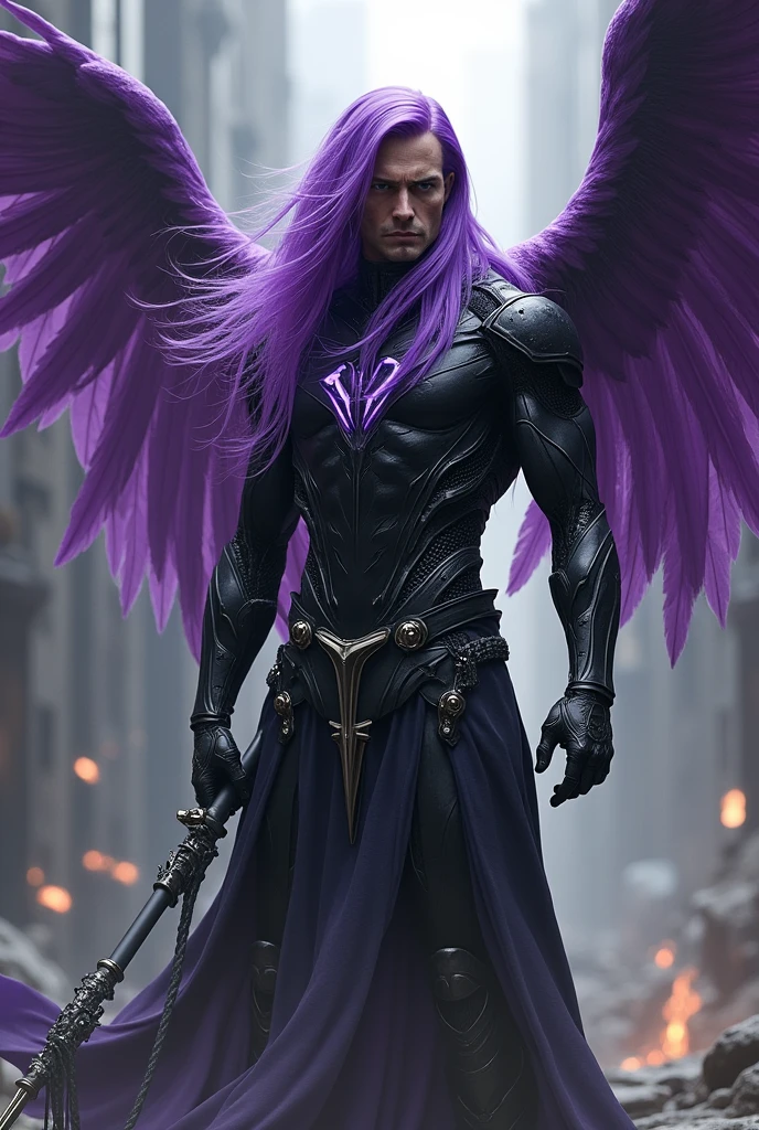 Generate a man violet long hair and have wings
Weapon: spear
Outfit:black and violet cybordpuck body
With clear and not covered print "EMAN"
Background: realistic
