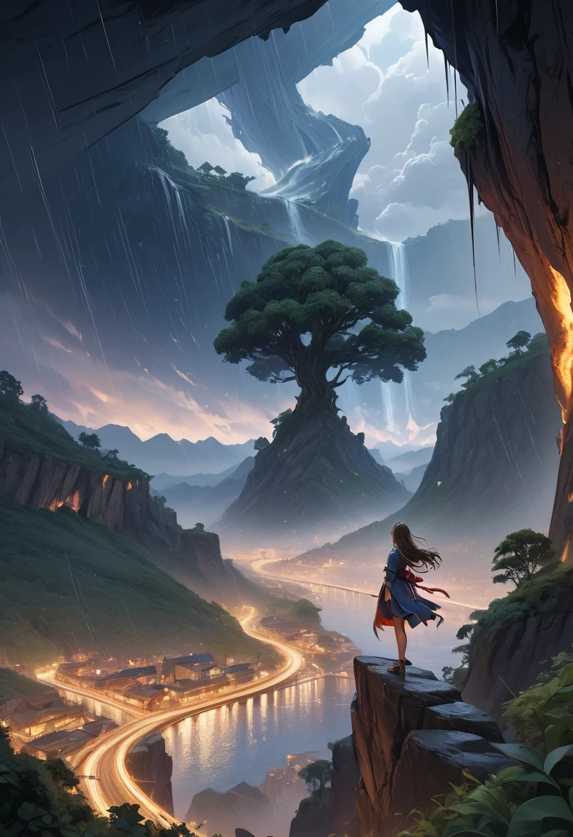 1girl, on the edge of a cliff, big tree beside her, view look behind, hand raised, rainstorm, night, everything is shining, abstract, accurate, 8k, masterpiece, detailed