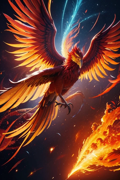 a mythical phoenix bird, feathers of fire, spreading sparks, wings ablaze, flying through chaos, ethereal and divine, photorealistic, 8k, hyper detailed, dramatic lighting, vibrant colors, surreal and abstract, fiery holographic effects, dynamic movement