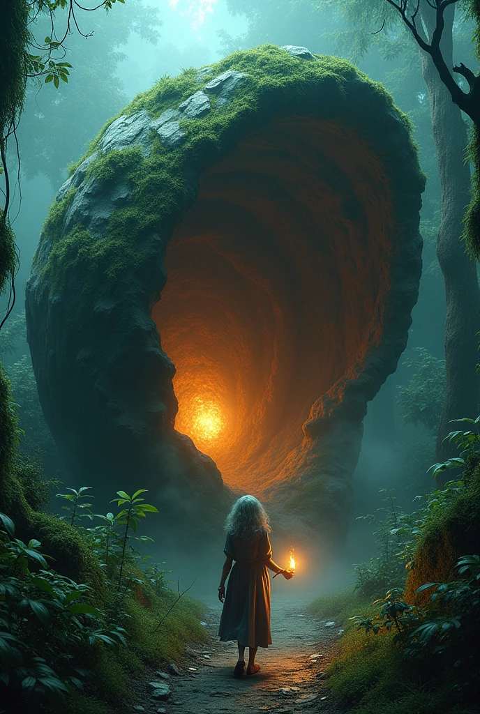 a highly detailed moss green oyster shell, giant open mouth stone cockle, in lush jungle, glowing magical interior, solo old woman walking with shocked expression, hand holding torch, horror scene, 4k, best quality, 8k, highres, masterpiece:1.2, ultra-detailed, realistic, photorealistic:1.37, HDR, UHD, studio lighting, ultra-fine painting, sharp focus, physically-based rendering, extreme detail description, professional, vivid colors, bokeh, dark, moody, cinematic, dramatic lighting. very nightmare. old lady cover head
