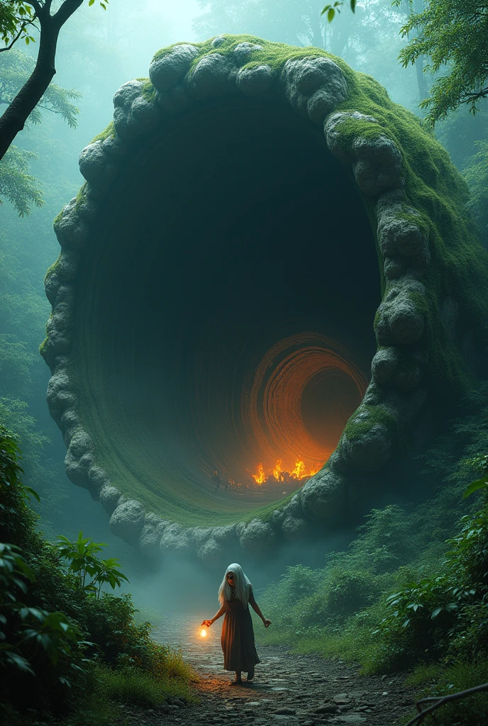 a highly detailed moss green oyster shell, giant open mouth stone cockle, in lush jungle, glowing magical interior, solo old woman walking with shocked expression, hand holding torch, horror scene, 4k, best quality, 8k, highres, masterpiece:1.2, ultra-detailed, realistic, photorealistic:1.37, HDR, UHD, studio lighting, ultra-fine painting, sharp focus, physically-based rendering, extreme detail description, professional, vivid colors, bokeh, dark, moody, cinematic, dramatic lighting. very nightmare. old lady cover head