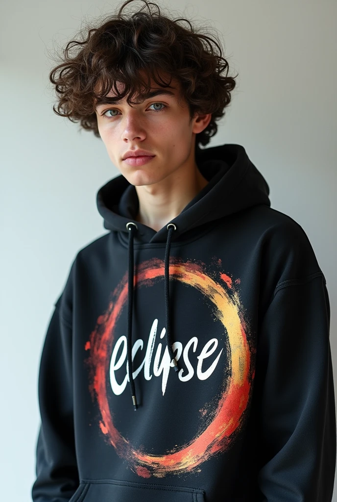 A curly haired man with a hoodie and it says KEclipse with an eclipse of the gamige theme a  younger 